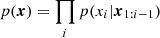 $ p(\boldsymbol {x}) = \prod _i p(x_i|\boldsymbol {x}_{1:i-1}) $