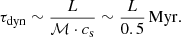 $$ \begin{aligned} \tau _{\mathrm{dyn}} \sim \frac{L}{\mathcal{M} \cdot c_{\rm s}} \sim \frac{L}{0.5}\,\mathrm{Myr}. \end{aligned} $$