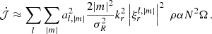$$ {\dot {{\cal {{J}}}}} \approx \sum _{l} \sum _{|m|} a^2_{l,|m|} \frac {2|m|^2}{\sigma _R^2} k_r^2 \left |\xi _r^{l,|m|}\right |^2 \;\rho \alpha N^2 \Omega \,. $$