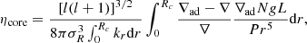 $$ \eta _{\mathrm {core}} = \frac {\left [l(l+1) \right ]^{3/2}}{8\pi \sigma _R^3 \int _0^{R_c} k_r \mathrm {d}r} \int _0^{R_c} \frac {\nabla _{\mathrm {ad}}-\nabla }{\nabla } \frac {\nabla _{\mathrm {ad}}N g L}{P r^5} \mathrm {d}r, $$