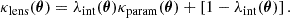 $$ \begin{aligned} \kappa _{\mathrm{lens}}(\boldsymbol{\theta }) = \lambda _{\mathrm{int}}(\boldsymbol{\theta }) \kappa _{\mathrm{param}}(\boldsymbol{\theta }) + \left[1 -\lambda _{\mathrm{int}}(\boldsymbol{\theta }) \right]. \end{aligned} $$