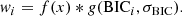 $$ \begin{aligned} w_i = f(x) * g({\mathrm{BIC}}_i, \sigma _{\mathrm{BIC}}). \end{aligned} $$