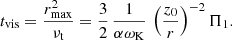 $$ \begin{aligned} t_{\rm vis} = \frac{r_\mathrm{max} ^2}{\nu _{\mathrm{t} }} = \frac{3}{2}\, \frac{1}{\alpha \omega _{\rm K}}\, \left(\frac{z_0}{r}\right)^{-2} \Pi _1. \end{aligned} $$