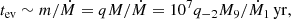 $$ \begin{aligned} t_{\rm ev} \sim m/\dot{M} =qM/\dot{M}=10^7 q_{-2} M_9/\dot{M}_1\,\mathrm{yr}, \end{aligned} $$