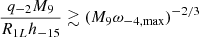 $$ \begin{aligned} \frac{q_{-2} M_9}{R_{1L}h_{-15}} \gtrsim (M_9\omega _{-4,\mathrm{max} })^{-2/3} \end{aligned} $$