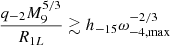 $$ \begin{aligned} \frac{q_{-2} M_9^{5/3}}{R_{1L}}\gtrsim h_{-15} \omega _{-4,\mathrm{max} }^{-2/3} \end{aligned} $$