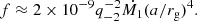 $$ \begin{aligned} f \approx 2\times 10^{-9} q_{-2}^{-2}\dot{M_1}(a/r_{\rm g})^{4}. \end{aligned} $$