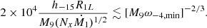 $$ \begin{aligned} 2 \times 10^{4}\frac{h_{-15} R_{1L}}{M_9(N_x\dot{M_1})^{1/2}}\lesssim [M_9\omega _{-4,\mathrm{min} }]^{-2/3}. \end{aligned} $$