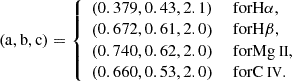 $$ \begin{aligned} \left( \mathrm{a}, \mathrm{b}, \mathrm{c} \right) = {\left\{ \begin{array}{ll} \left(0.379, 0.43, 2.1\right)&\text{ for} \mathrm{H}\alpha , \\ \left(0.672, 0.61, 2.0\right)&\text{ for} \mathrm{H}\beta , \\ \left(0.740, 0.62, 2.0\right)&\text{ for} \mathrm{Mg{\small { {\text{ II}}}}} , \\ \left(0.660, 0.53, 2.0\right)&\text{ for} \mathrm{C{\small { {\text{ IV}}}}} . \\ \end{array}\right.} \end{aligned} $$