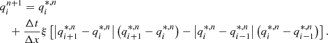 $$ \begin{aligned}&q_i^{n+1} = q^{*,n}_i\nonumber \\&\quad + \frac{\Delta t}{\Delta x} \xi \left[\left|q^{*,n}_{i+1}-q^{*,n}_{i}\right| \left(q^{*,n}_{i+1}-q^{*,n}_{i}\right) - \left|q^{*,n}_{i}-q^{*,n}_{i-1}\right| \left(q^{*,n}_{i}-q^{*,n}_{i-1}\right) \right]. \end{aligned} $$