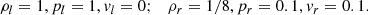 $$ \begin{aligned} \rho _l = 1, p_l = 1,v_l = 0;\quad \rho _r = 1/8, p_r = 0.1, v_r = 0.1\text{.} \end{aligned} $$