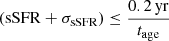 $$ \begin{aligned} (\mathrm{sSFR} + \sigma _{\rm sSFR}) \le \frac{0.2\,\mathrm{yr}}{t_{\rm age}} \end{aligned} $$