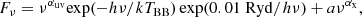 $$ \begin{aligned} F_\nu = \nu ^{\alpha _{\rm uv}}\mathrm{exp}(-h\nu /kT_{\rm BB})\mathrm{\, exp}(0.01~\mathrm{Ryd}/h\nu ) + a\nu ^{\alpha _{\rm x}}, \end{aligned} $$