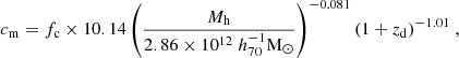 $$ \begin{aligned} c_{\rm m} = f_{\rm c} \times 10.14 \left(\frac{M_{\rm h}}{2.86\times 10^{12}\ h_{70}^{-1}\mathrm{M}_{\odot }}\right)^{-0.081} (1+z_{\rm d})^{-1.01}\ , \end{aligned} $$