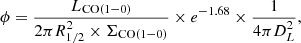$$ \begin{aligned} \phi = \frac{L_\mathrm{CO(1-0)} }{2\pi R_{1/2}^2 \times \Sigma _\mathrm{CO(1-0)} } \times e^{-1.68} \times \frac{1}{4\pi D_L^2}, \end{aligned} $$