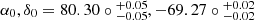 $ \alpha_0,\delta_0 = 80.30\circ \substack{+0.05 \\ -0.05}, -69.27\circ \substack{+0.02 \\ -0.02} $