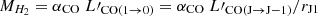 $ M_{H_2} = \alpha_{\mathrm{CO}}\;L\prime_{\mathrm{CO(1\rightarrow0)}} = \alpha_{\mathrm{CO}}\;L\prime_{\mathrm{CO(J\rightarrow J-1)}}/r_{\mathrm{J1}} $