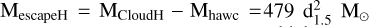 $\[\mathrm{M}_{\text {escapeH }}=\mathrm{M}_{\text {CloudH }}-\mathrm{M}_{\text {hawc}}= 479 \mathrm{~d}_{1.5}^{2} ~\mathrm{M}_{\odot}\]$
