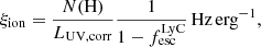 $$ \begin{aligned} \xi _\mathrm{ion} =\frac{N(\mathrm{H} )}{L_\mathrm{UV,corr} }\frac{1}{1-f_\mathrm{esc} ^\mathrm{LyC} }\,\mathrm {Hz\,erg}^{-1}, \end{aligned} $$