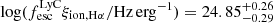 $ \log(f_{\mathrm{esc}}^{\mathrm{LyC}}\xi_{\mathrm{ion,H\alpha}}/\mathrm{Hz\,erg^{-1}}) = 24.85^{+0.26}_{-0.29} $