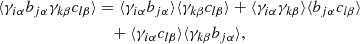 $$ \begin{aligned} \langle \gamma _{i\alpha }b_{j\alpha }\gamma _{k\beta }c_{l\beta } \rangle&= \langle \gamma _{i \alpha } b_{j\alpha } \rangle \langle \gamma _{k \beta } c_{l \beta }\rangle + \langle \gamma _{i\alpha }\gamma _{k\beta }\rangle \langle b_{j\alpha }c_{l\beta }\rangle \nonumber \\&\quad + \langle \gamma _{i\alpha } c_{l\beta } \rangle \langle \gamma _{k\beta }b_{j\alpha }\rangle , \end{aligned} $$