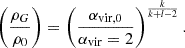 $$ \begin{aligned} \left(\frac{\rho _G}{\rho _0}\right)=\left(\frac{\alpha _{\rm vir,0}}{\alpha _{\rm vir}=2}\right)^{\frac{k}{k+l-2}}. \end{aligned} $$