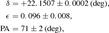 $$ \begin{aligned} \delta&= + 22.1507 \pm 0.0002\, \mathrm{(deg)}, \nonumber \\ \epsilon&= 0.096 \pm 0.008 ,\nonumber \\ \mathrm{PA}&= 71 \pm 2\, \mathrm{(deg)},\nonumber \end{aligned} $$