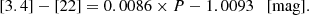 $$ \begin{aligned}{[3.4]-[22]} = 0.0086 \times P - 1.0093 \quad \mathrm{[mag]}. \end{aligned} $$