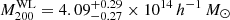 $ M_{200}^{\mathrm{WL}}=4.09_{-0.27}^{+0.29}\times10^{14}\,h^{-1}\,M_\odot $