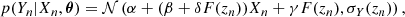 $$ \begin{aligned} p(Y_n|X_n,{\boldsymbol{\theta }})=\mathcal{N} \left(\alpha +(\beta + \delta F(z_n))X_n+\gamma F(z_n),\sigma _Y(z_n)\right), \end{aligned} $$