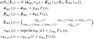 $$ \begin{aligned} p(\tilde{\boldsymbol{x}}_n|\boldsymbol{X}_n)&= \mathcal{N} \left(\boldsymbol{\alpha }_{\rm WL}^{\prime }(z_n)+\boldsymbol{\beta }_{\rm WL}^{\prime }(z_n)\boldsymbol{X}_n, \boldsymbol{\Sigma }_{\rm WL}(z_n)\right),\nonumber \\ \boldsymbol{\alpha }_{\rm WL}^{\prime }(z)&= \boldsymbol{\alpha }_{\rm WL}+\boldsymbol{\gamma }_{\rm WL}F(z), \nonumber \\ \boldsymbol{\beta }_{\rm WL}^{\prime }(z)&= \boldsymbol{\beta }_{\rm WL}+\boldsymbol{\delta }_{\rm WL}F(z), \nonumber \\ \boldsymbol{\Sigma }_{\rm WL}(z)&= \Bigl (\begin{smallmatrix} \sigma _{\mathrm{WL},x}^2(z)&r_{\mathrm{WL},xy}(z)\sigma _{\mathrm{WL},x}(z)\sigma _{\mathrm{WL},y}(z) \\ r_{\mathrm{WL},xy}(z)\sigma _{\mathrm{WL},x}(z)\sigma _{\mathrm{WL},y}(z)&\sigma _{\mathrm{WL},y}^2(z) \end{smallmatrix}\Bigr ), \nonumber \\ \sigma _{\rm WL}(z)&= \exp ((\ln \sigma _{\rm WL})(1+\gamma _{\sigma _{\rm WL}}F(z))), \nonumber \\ r_{\mathrm{WL},xy}(z)&= r_{\rm WL,xy}(1+\gamma _{\rm r_{\rm WL}} F(z)), \nonumber \end{aligned} $$
