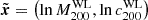 $ \tilde{{\boldsymbol{x}}}=\left(\ln M_{200}^{\mathrm{WL}},\ln c_{200}^{\mathrm{WL}}\right) $