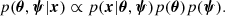 $$ \begin{aligned} p(\boldsymbol{\theta },\boldsymbol{\psi }|\boldsymbol{x}) \propto p(\boldsymbol{x}|\boldsymbol{\theta },\boldsymbol{\psi })p(\boldsymbol{\theta })p(\boldsymbol{\psi }). \end{aligned} $$