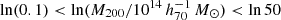 $ \ln(0.1) < \ln ( M_{200} /10^{14}\,h_{70}^{-1}\,M_\odot) < \ln 50 $