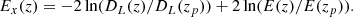 $$ \begin{aligned} E_x(z)&= -2 \ln (D_L(z)/D_L(z_{p})) + 2 \ln (E(z)/E(z_{p}) ).\nonumber \end{aligned} $$