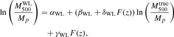 $$ \begin{aligned} \ln \left(\frac{M_{500}^\mathrm{WL}}{M_p}\right)&=\alpha _{\rm WL}+(\beta _{\rm WL}+\delta _{\rm WL}F(z))\ln \left(\frac{M_{500}^\mathrm{true}}{M_p}\right) \nonumber \\&\quad +\gamma _{\rm WL}F(z), \end{aligned} $$
