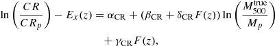 $$ \begin{aligned} \ln \left(\frac{CR}{CR_p}\right) -E_x(z)&= \alpha _{\rm CR} +(\beta _{\rm CR}+\delta _{\rm CR}F(z)) \ln \left(\frac{M_{500}^\mathrm{true}}{M_p}\right)\nonumber \\&\quad +\gamma _{\rm CR}F(z), \end{aligned} $$