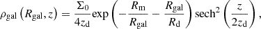 $$ \begin{aligned} \rho _{\rm gal} \left(R_{\rm gal}, z\right)=\frac{\Sigma _0}{4z_{\rm d}}\mathrm{exp} \left(-\frac{R_{\rm m}}{R_{\rm gal}}-\frac{R_{\rm gal}}{R_{\rm d}}\right)\mathrm{sech} ^2\left(\frac{z}{2z_{\rm d}}\right), \end{aligned} $$