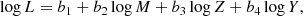$$ \begin{aligned} \log L = b_1 + b_2 \log M + b_3 \log Z + b_4\log Y, \end{aligned} $$