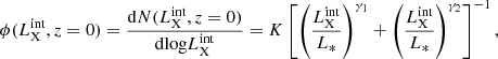 $$ \begin{aligned} \phi (L_{\rm X}^\mathrm{int}, z = 0) = \frac{\mathrm{d} N(L_{\rm X}^\mathrm{int}, z = 0)}{\mathrm{d} \mathrm{log} L_{\rm X}^\mathrm{int}} = K \left[\left(\frac{L_{\rm X}^\mathrm{int}}{L_*}\right)^{\gamma _1} + \left(\frac{L_{\rm X}^\mathrm{int}}{L_*}\right)^{\gamma _2}\right]^{-1}, \end{aligned} $$
