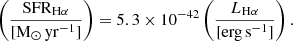 $$ \begin{aligned} \left(\frac{\mathrm{SFR}_{\mathrm{H} \alpha }}{[\mathrm{M}_\odot \,\mathrm{yr}^{-1}]}\right) = 5.3 \times 10^{-42} \left(\frac{L_{\mathrm{H} \alpha }}{[\mathrm {erg\,s}^{-1}]}\right). \end{aligned} $$