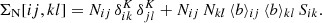 $$ \begin{aligned} \Sigma _{\mathrm{N} }[ij,kl] = N_{ij}\, \delta ^K_{ik}\,\delta ^K_{jl}+ N_{ij}\,N_{kl}\,\langle b\rangle _{ij}\,\langle b\rangle _{kl}\, S_{ik}. \end{aligned} $$