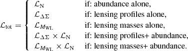 $$ \begin{aligned} \mathcal{L} _{\rm tot} = {\left\{ \begin{array}{ll} \mathcal{L} _{\rm N}&\text{ if:} \text{ abundance} \text{ alone,} \\ \mathcal{L} _{\Delta \Sigma }&\text{ if:} \text{ lensing} \text{ profiles} \text{ alone,} \\ \mathcal{L} _{M_{\rm WL}}&\text{ if:} \text{ lensing} \text{ masses} \text{ alone,} \\ \mathcal{L} _{\Delta \Sigma }\times \mathcal{L} _{\rm N}&\text{ if:} \text{ lensing} \text{ profiles} \text{+} \text{ abundance,} \\ \mathcal{L} _{M_{\rm WL}}\times \mathcal{L} _{\rm N}&\text{ if:} \text{ lensing} \text{ masses} \text{+} \text{ abundance}. \end{array}\right.} \end{aligned} $$