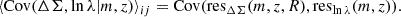 $$ \begin{aligned} \langle \mathrm{Cov} (\Delta \Sigma , \ln \lambda |m,z)\rangle _{ij} = \mathrm{Cov}(\mathrm{res}_{\Delta \Sigma }(m, z, R), \mathrm{res}_{\ln \lambda }(m, z)). \end{aligned} $$