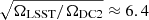 $ \sqrt{\Omega_{\mathrm{LSST}}/\Omega_{\mathrm{DC2}}} \approx 6.4 $