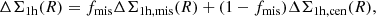 $$ \begin{aligned} \Delta \Sigma _{\rm 1h}(R) = f_{\rm mis}\Delta \Sigma _{\rm 1h, mis}(R) + (1 - f_{\rm mis}) \Delta \Sigma _{\rm 1h, cen}(R), \end{aligned} $$