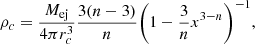 $$ \begin{aligned} \rho _c&= \frac{M_{\mathrm{ej} }}{4\pi r_c^3}\frac{3(n-3)}{n} {\left(1- \frac{3}{n} x^{3-n}\right)^{-1}}, \end{aligned} $$