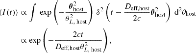 $$ \begin{aligned} \begin{aligned} \left\langle I(t) \right\rangle&\propto \int \, \exp \left( -\frac{\boldsymbol{\theta }_\text{host}^2}{\theta _{L,\text{ host}}^2} \right)\, \delta ^2\left( t - \frac{D_{\text{eff,host}}}{2c} \boldsymbol{\theta }_{\text{host}}^2 \right) \text{ d}^2 \theta _{\text{host}} \\&\propto \exp \left( -\frac{2c t}{D_{\text{eff,host}} \theta _{L,\text{ host}}^2} \right) , \end{aligned} \end{aligned} $$