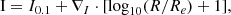 $$ \begin{aligned} \mathrm I = I_{0.1} + \nabla _I \cdot [ \log _{10}(R/R_e) + 1 ], \end{aligned} $$
