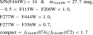 $$ \begin{aligned}&\text{ S/N(F444W)} > 14\quad \& \quad \text{ m}_{\text{ F444W}} < 27.7\,\text{ mag},\\&-0.5 < \text{ F115W} - \text{ F200W} < 1.0, \\&\text{ F277W} - \text{ F444W} > 1.0, \\&\text{ F277W} - \text{ F356W} > 0.7, \\&\text{ compact}=f_{\rm F444W}(0\overset{\prime \prime }{.}4)/f_{\rm F444W}(0\overset{\prime \prime }{.}2) < 1.7. \end{aligned} $$
